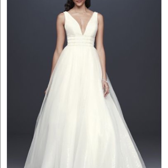 Plunging Sequin Tulle Ball Gown Wedding Dress - Picture 2 of 5